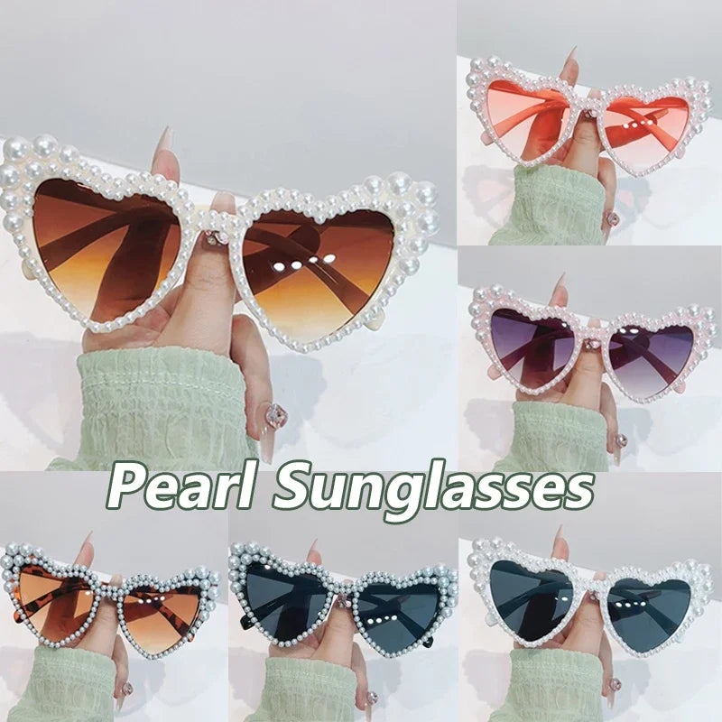 Diamond Pearl Heart Shape Ladies Sunglasses Wedding Party Sun Glasses Women Big Frame Cute White Black Shades Fashion Eyewear