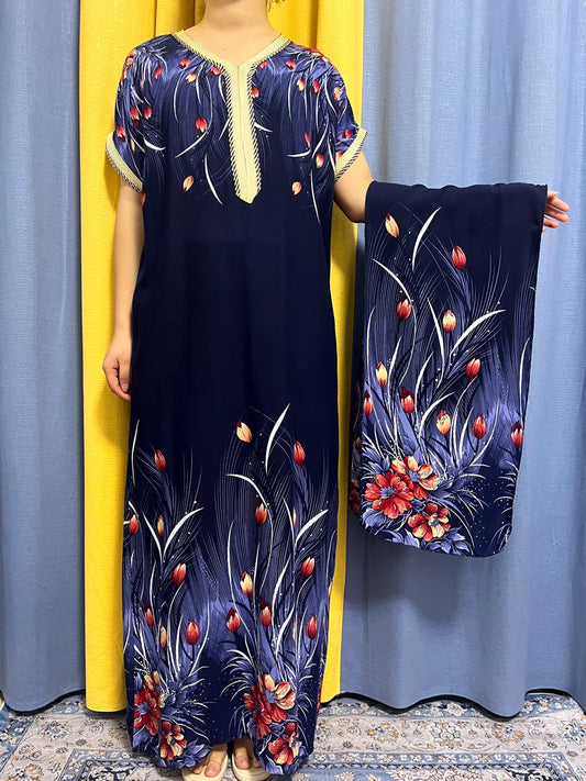 Summer Short Flower Cotton Women Robe Traditional Dress With Turban
