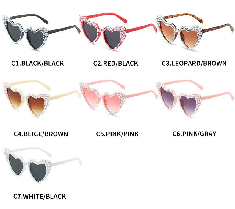 Diamond Pearl Heart Shape Ladies Sunglasses Wedding Party Sun Glasses Women Big Frame Cute White Black Shades Fashion Eyewear